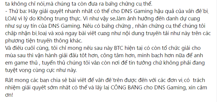 Chủ sở hữu DNS Gaming lên tiếng phản đối việc bị loại khỏi Vòng loại VCS, yêu cầu bằng chứng rõ ràng từ BTC