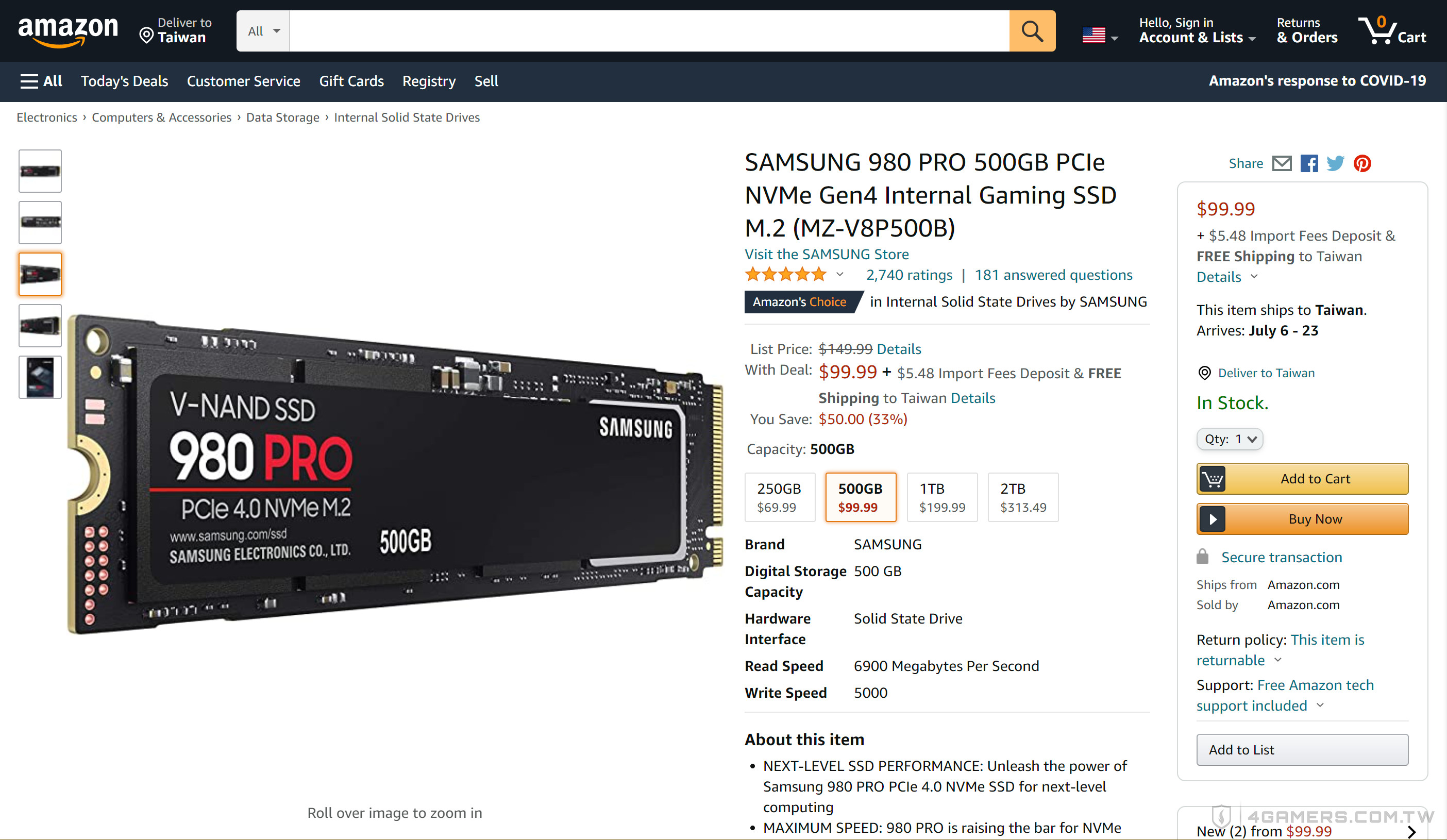 Samsung 980 Pro NVMe M.2 PCIe 4.0 SSD 500GB Prime Day