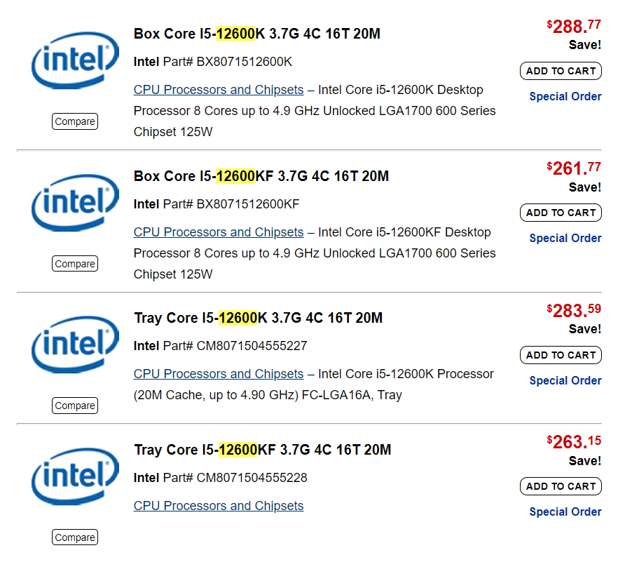 Intel Core i5-12600K / i5-12600KF 售價