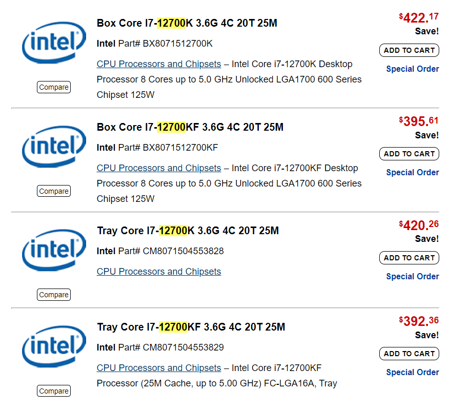 Intel Core i7-12700K / i9-12700KF 售價