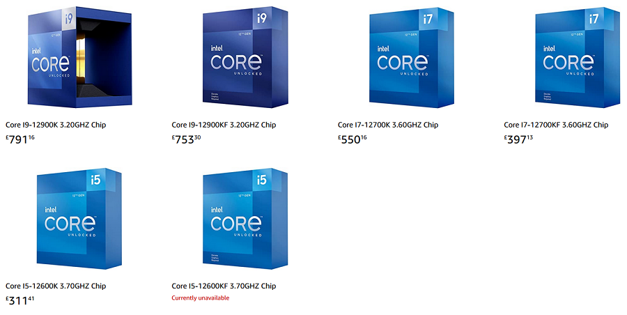 英國 Amazon Intel Alder Lake 第 12 代 Core K 系列處理器預售