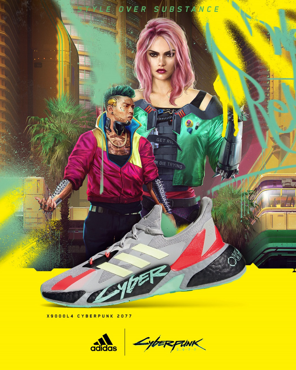 3.  adidas X9000 L4 x Cyberpunk 2077 第二款配色以灰色為主色調，與潮流螢光粉色TPU Mix  Match，側邊則搭配黃色三線標誌，打造絕對未來感