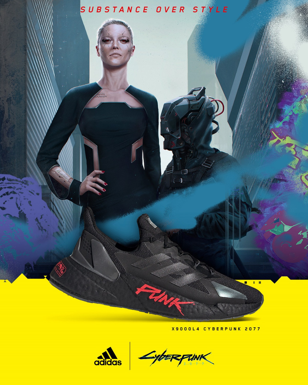 5.  adidas X9000 L4 x Cyberpunk 2077 暗夜款全黑鞋身碰撞低調黑銀配色，BOOST中底上的紅色Cyber、Punk字樣，凸顯Cyberpunk世界中瀰漫的冷酷與新潮