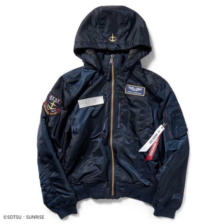 圖說：STRICT-G×ALPHA HOODED RIB「機動戰士鋼彈」輕量保暖連帽外套 E.F.S.F.阿姆羅・雷款，售價NT$12,850。