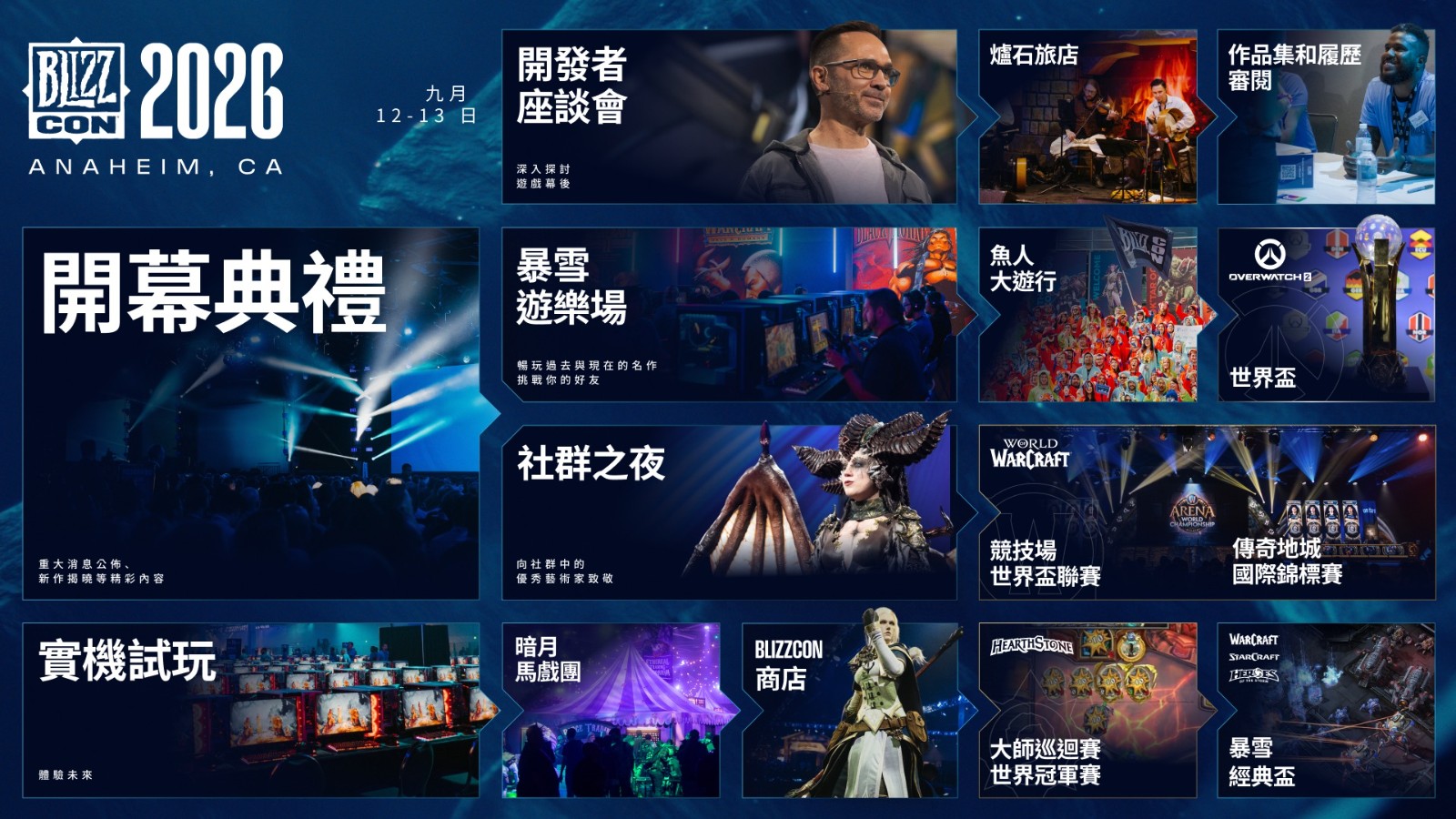眾多經典活動將再度回歸，包括開幕典禮、遊戲試玩體驗、製作團隊座談、社群之夜、多項電競錦標賽，還有再次登場的暗月馬戲團活動與BlizzCon慈善之夜等精彩內容