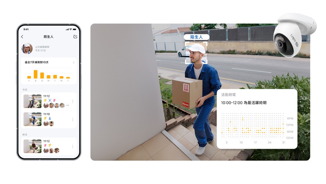 戶外旋轉式攝影機 Tapo C560WS，具備多項 AI 智慧辨識功能支援在地人臉辨識，主動分類熟悉成員與陌生訪客