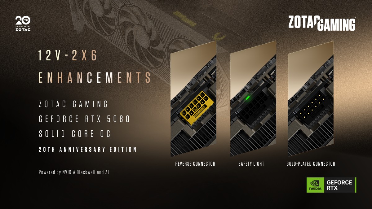ZOTAC GAMING GeForce RTX 5080 SOLID CORE OC 20th Anniversary Edition_12v-2x6 Enhancements - Feature Focus Banners_1200x675_2482797156