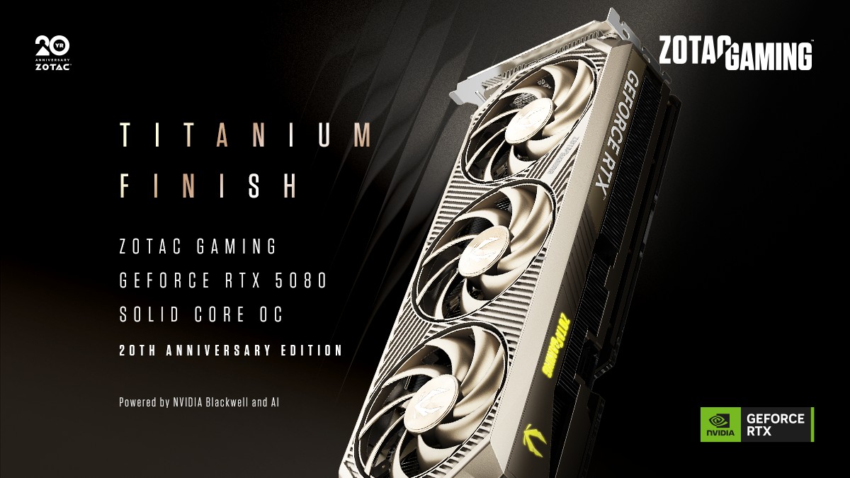 ZOTAC GAMING GeForce RTX 5080 SOLID CORE OC 20th Anniversary Edition_ Titanium Finish - Feature Focus Banners_1200x675_2482796984