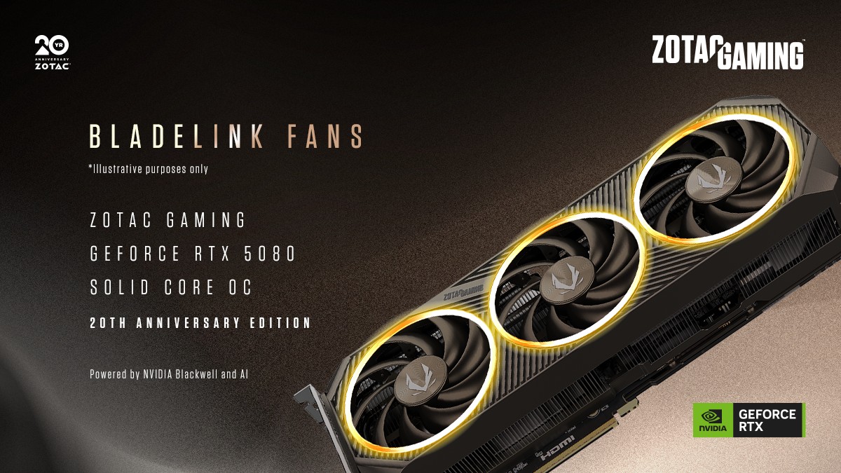 ZOTAC GAMING GeForce RTX 5080 SOLID CORE OC 20th Anniversary Edition_ BLADELINK FANS - Feature Focus Banners_1200x675_2482797106